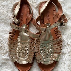 Metallic Gold Woven Leather Sandals - Women